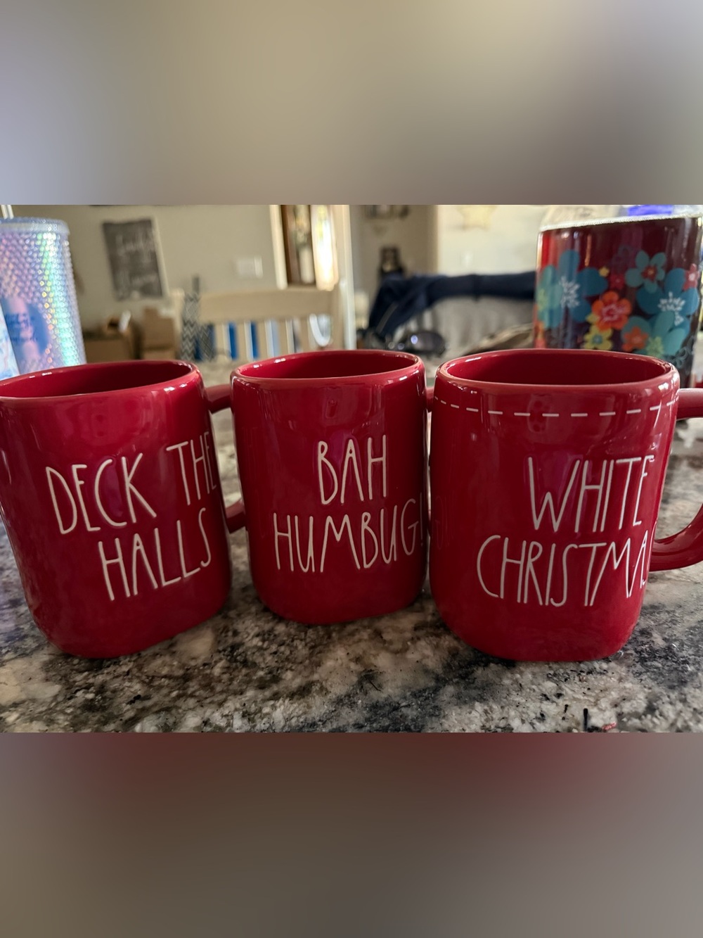 3 Rae Dunn - Red Holiday Phrase Ceramic coffee/cocoa Mugs - Bah Humbug